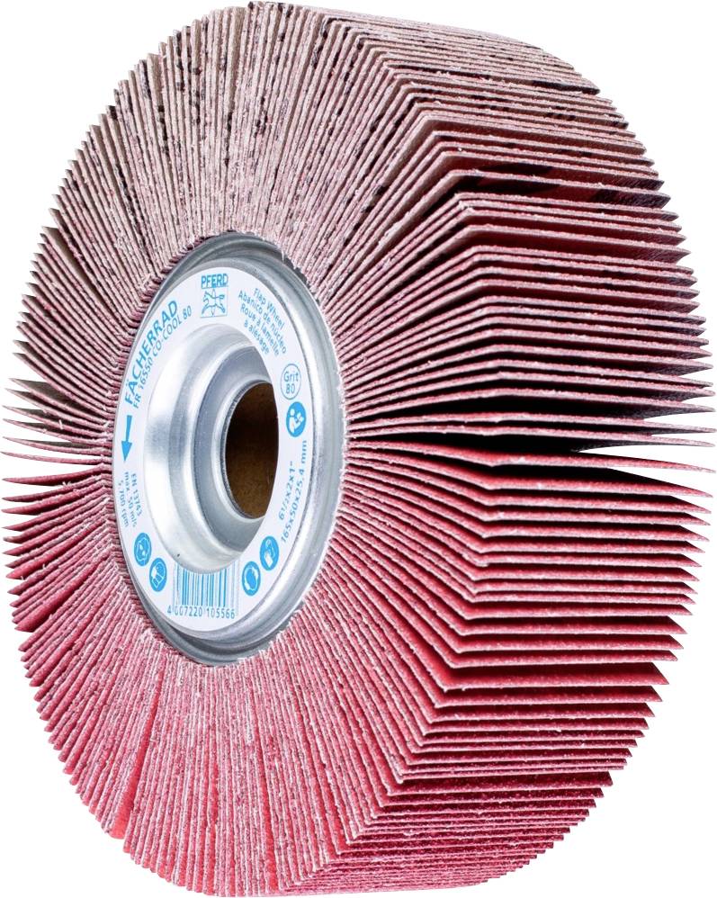 Eine Schleifmaschine mit rotem Lamellenrad zeigt ein rundes Schleifmittel mit aufgestapelten Lamellen um eine zentrale Metallhalterung.