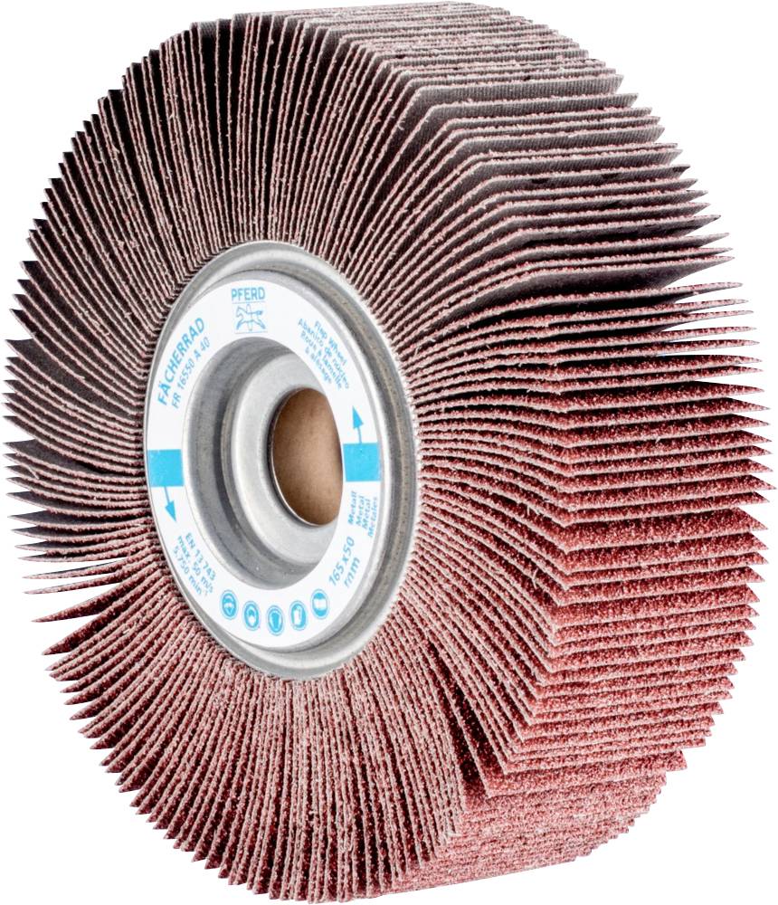 Schleifmop mit radialen Schleiflamellen, geeignet für Metallschleifarbeiten, in Rot- und Brauntönen gehalten.