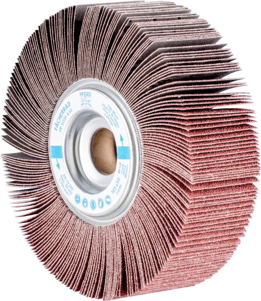 Ein Schleifmoprad mit radial angeordneten Schleiflamellen für Metallbearbeitung, mittlere Körnung, Markenkennzeichnung auf dem Etikett.