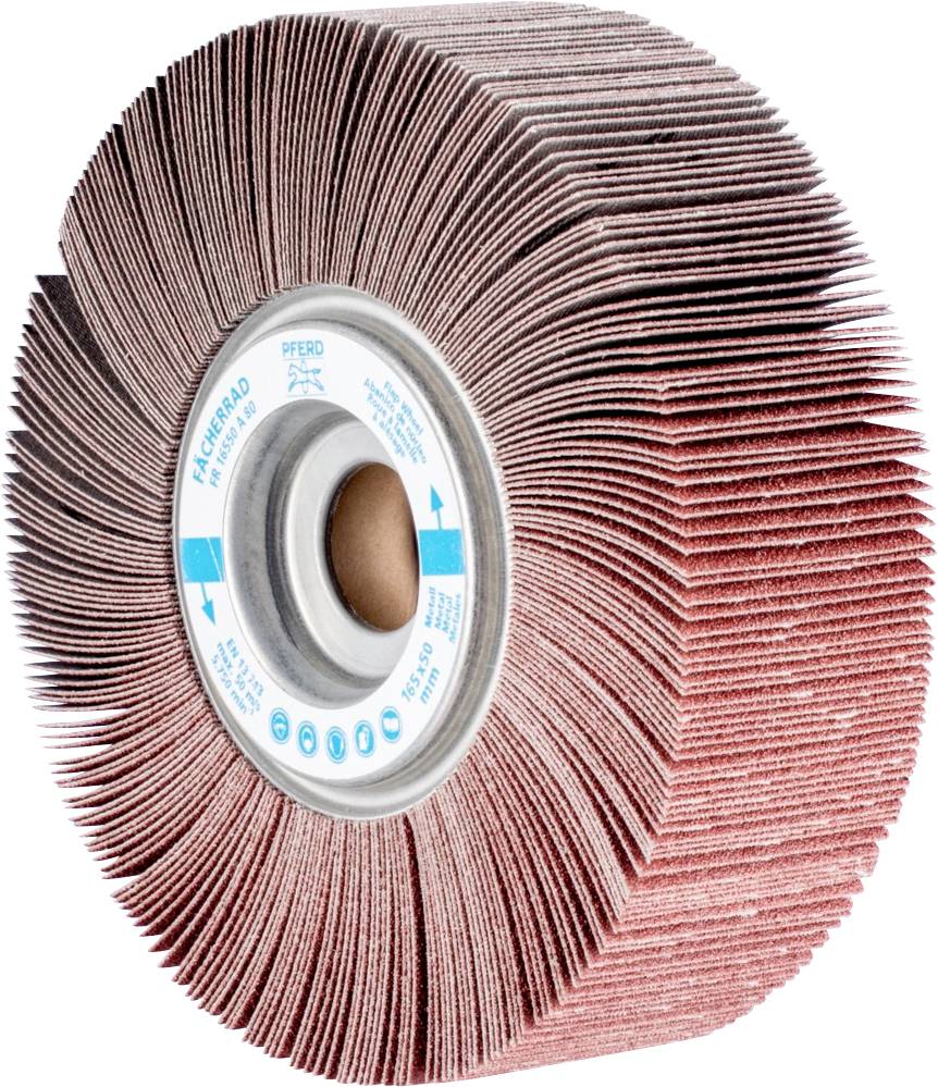 Schleifmop, zylindrisch, mit vielen roten Schichten Radial-Schleifpapier, Etikett mit Herstellerinformationen in der Mitte.