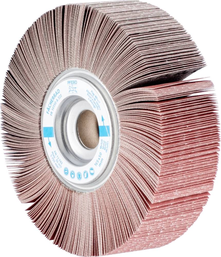 Schleifscheibe mit radial angeordneten Schleiflamellen für Metallbearbeitung, mittlerer Hub mit Aufschrift zur Spezifikation und Nutzungshinweisen.