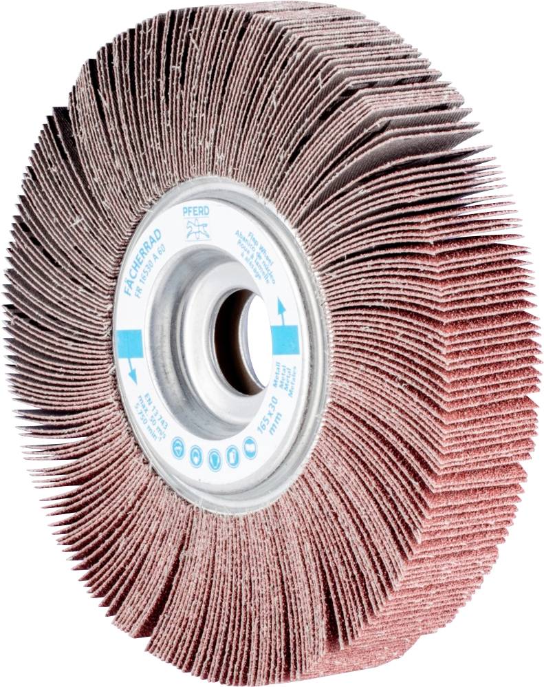 Schleiflamellenrad mit Metallkern und radial angeordneten Schleiflamellen, geeignet für Oberflächenbearbeitung und Polieren von Metall.