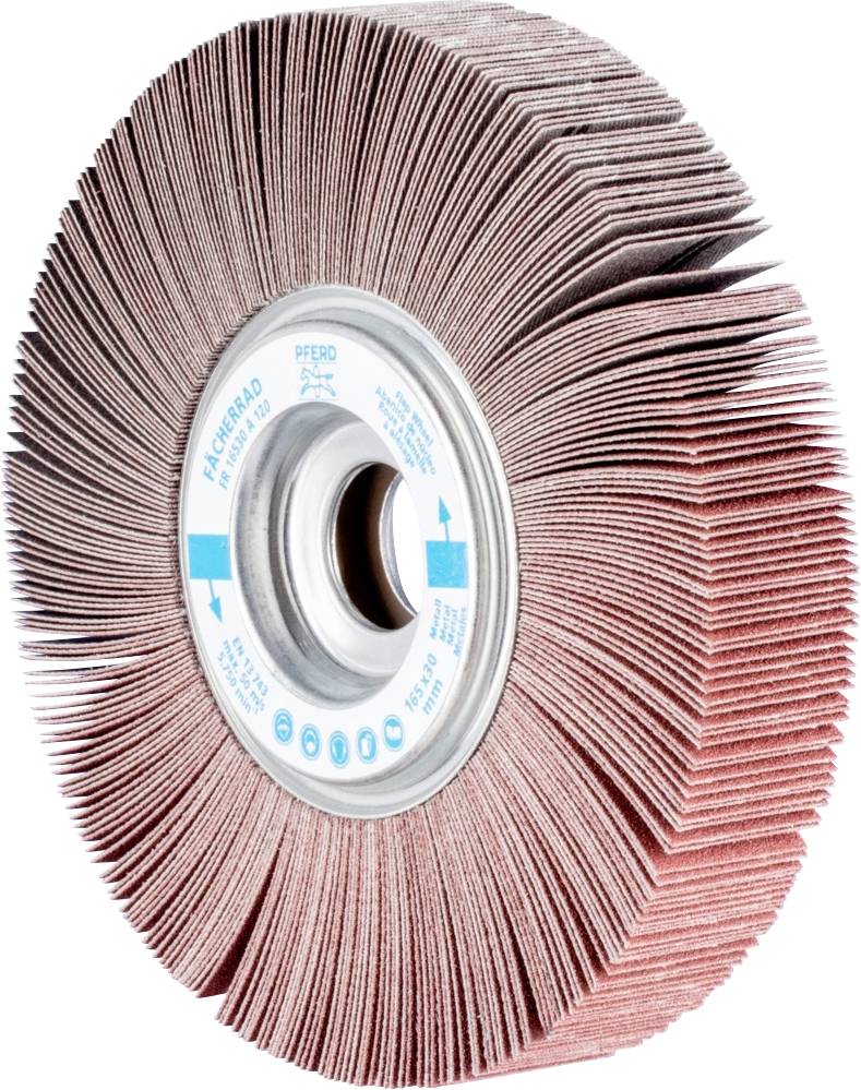 Eine Schleifscheibe mit radial angeordneten Lamellen. Sie wird zur Oberflächenbearbeitung eingesetzt und hat eine zentrale Metallöffnung.