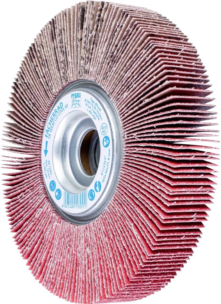 Ein roter Lamellenschleifkegel mit Metallscheibe in der Mitte. Zum Bearbeiten von Oberflächen in Handwerk und Industrie geeignet.