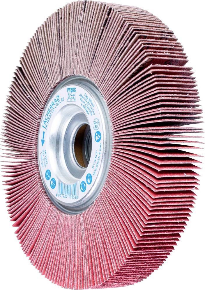 Ein Schleifrad mit zahlreichen roten Lamellen, das zum Feinschleifen von Oberflächen verwendet wird.