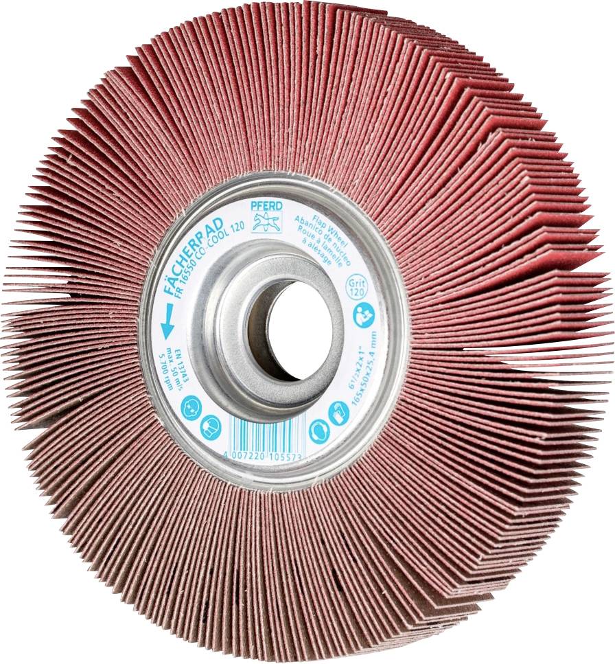 Schleifscheibe mit vielen rot-braunen Lamellen, zentrale Metallhalterung und Herstellerinformationen in der Mitte.