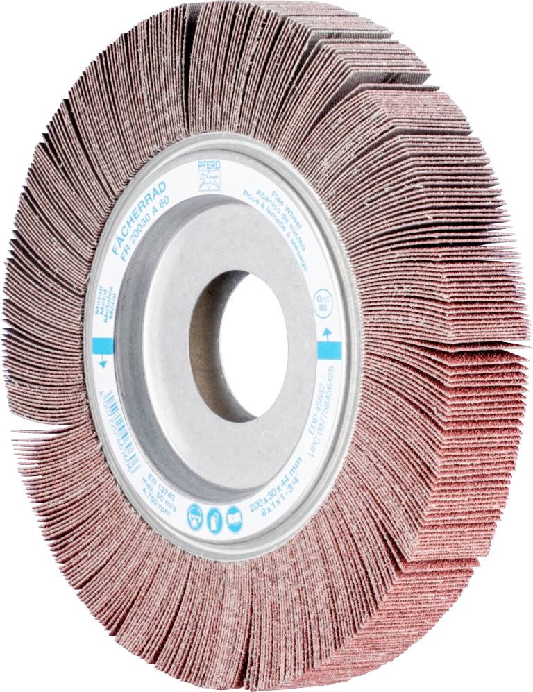 Schleifrad mit radial angeordneten Lamellen, typischerweise zur Oberflächenbehandlung und Glättung verwendet, auf hellem Hintergrund.