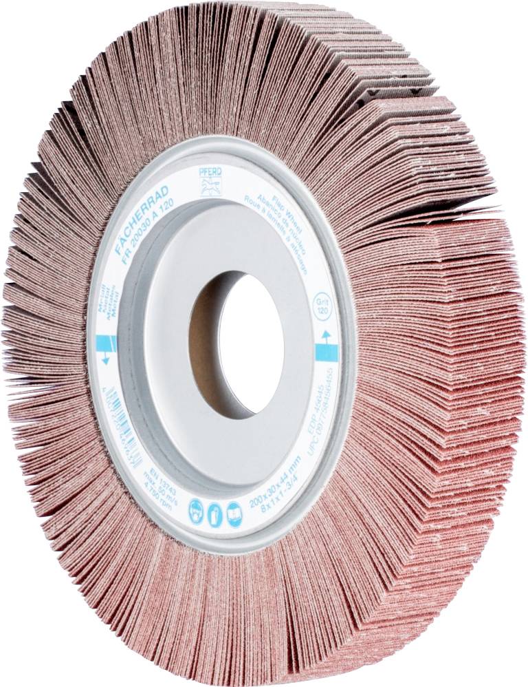 Ein Schleifgerät mit mehreren rot-braunen Lamellen, die in einem Kreis angeordnet sind. Die Mitte hat eine silberne Scheibe.