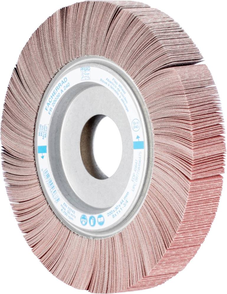 Ein Schleifrad mit vielen feinen Lamellen, die radial um einen zentralen Metallkern angeordnet sind, auf weißem Hintergrund.