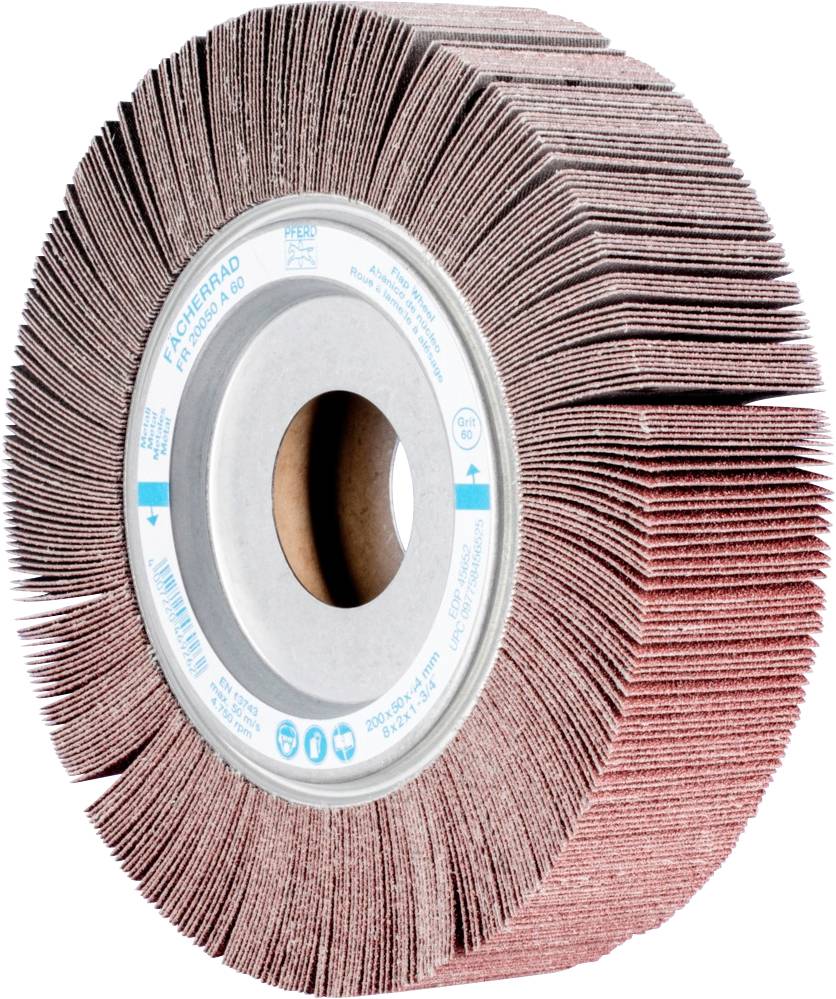 Ein Schleifrad mit Lamellen zeigt die Struktur und Form des Werkzeugs, das zum Oberflächenbearbeiten von Materialien verwendet wird.