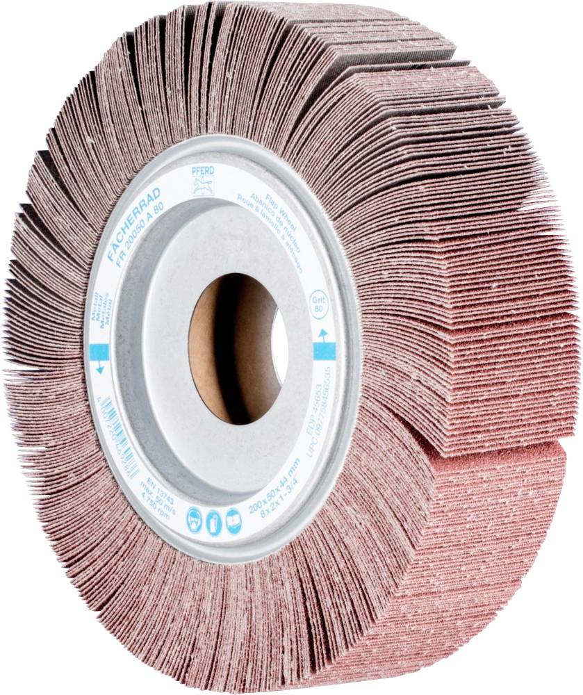 Schleiflamellenrad aus Schleifpapier, zylinderförmig. Eignet sich zum Feinschleifen von Oberflächen und gleichmäßigen Materialabtrag.