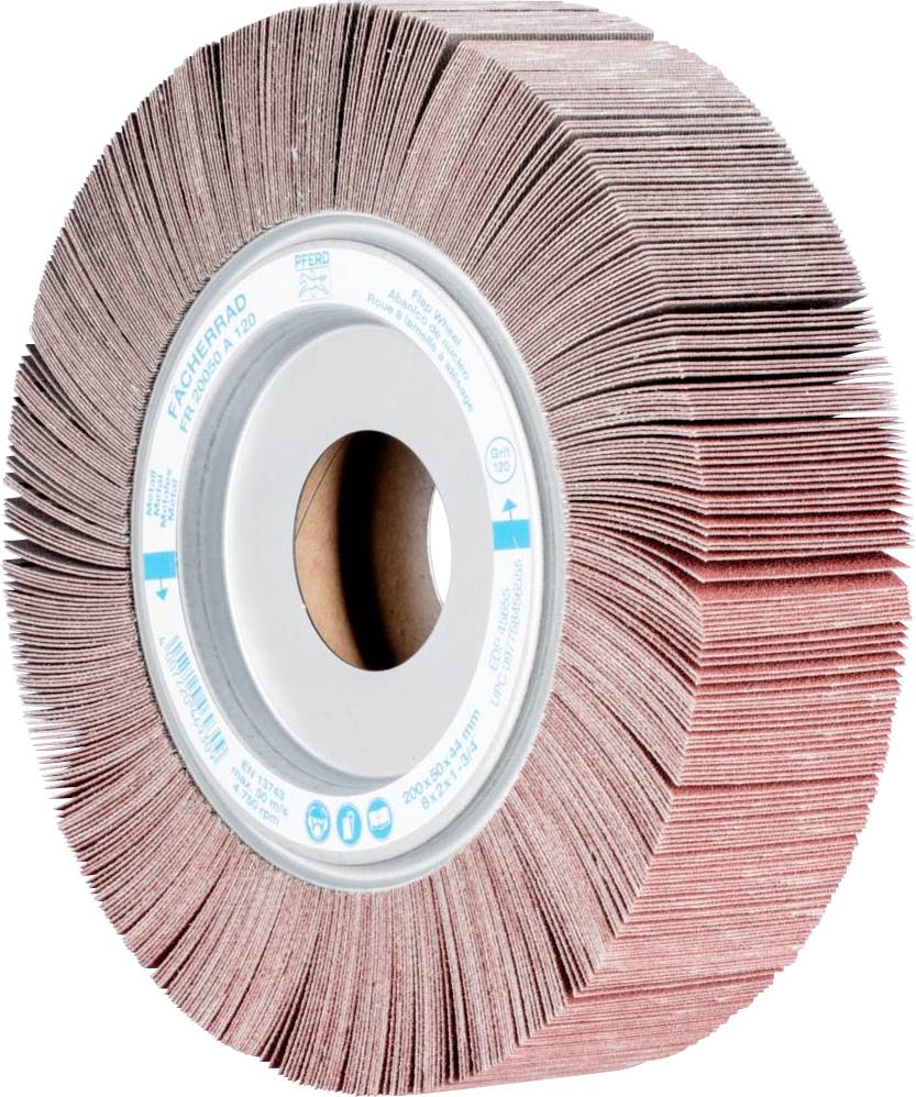 Ein Schleifvliesrad mit einer Vielzahl an feinen, roten Lamellen, die rund um die Achse angeordnet sind. Geeignet zum Polieren und Schleifen.