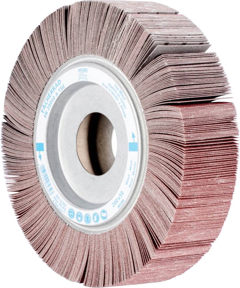 Schleifscheibe mit vielen Fächerlamellen, die für das Schleifen von Oberflächen verwendet wird. Zentrales Loch zur Montage.