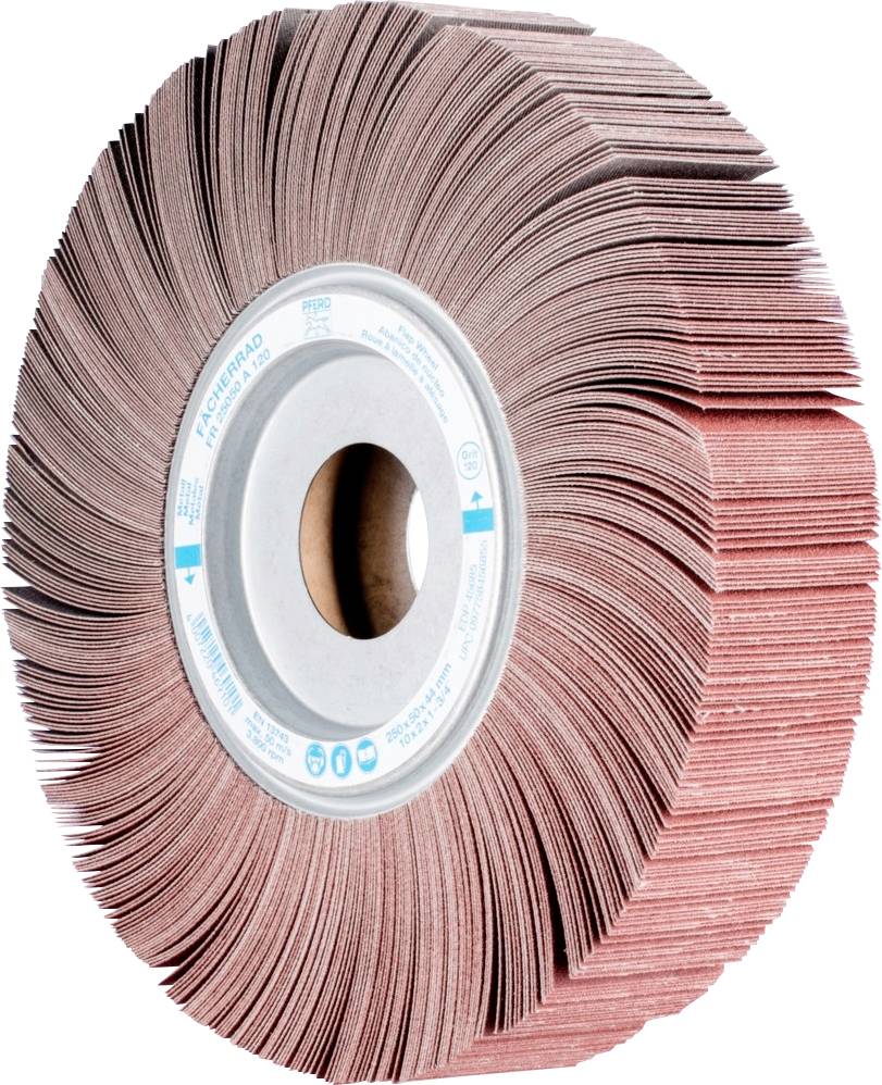 Eine rotierende Schleifscheibe aus lamellenartigen Scheiben, geeignet für die Oberflächenbearbeitung, Nahaufnahme.