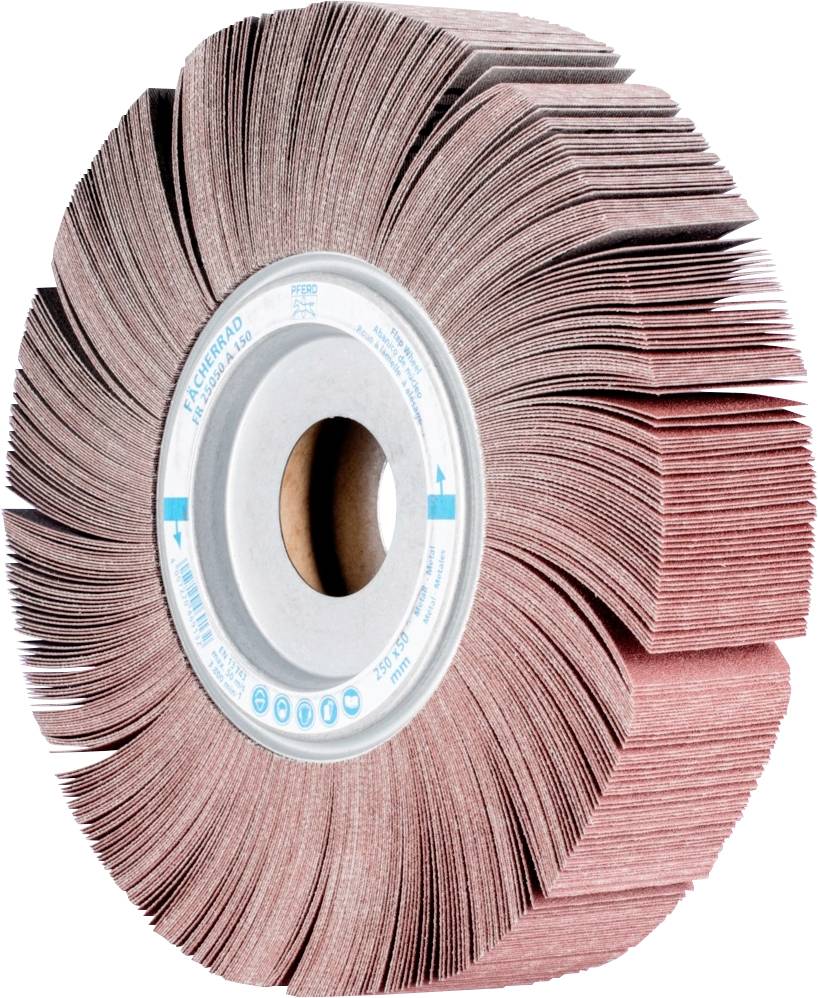 Rundschleifscheibe mit roten Lamellen, die radial um eine zentrale Öffnung angeordnet sind, für industrielle Schleifprozesse.