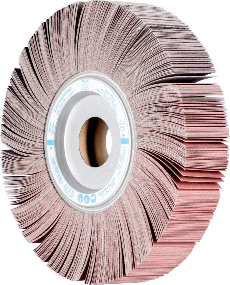 Rotierende Schleifscheibe mit mehreren Schichten aus Schleifpapier, geeignet für das Glätten und Polieren von Oberflächen.