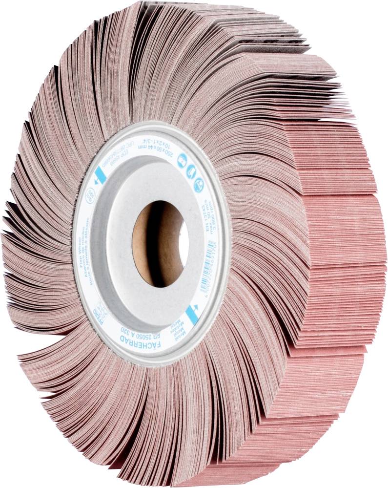 Schleifmop mit zahlreichen roten Schleifblättern, angeordnet in ringförmigen Lagen um einen zentralen Kern. Geeignet für Oberflächenbearbeitung.