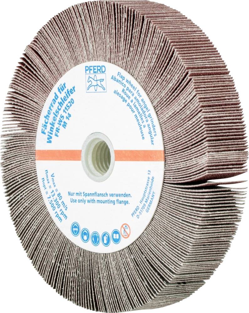 Eine Schleifscheibe mit radial angeordneten Lamellen, beschriftet mit 'PFERD'. Hinweis: Nur mit Spannflansch verwenden.