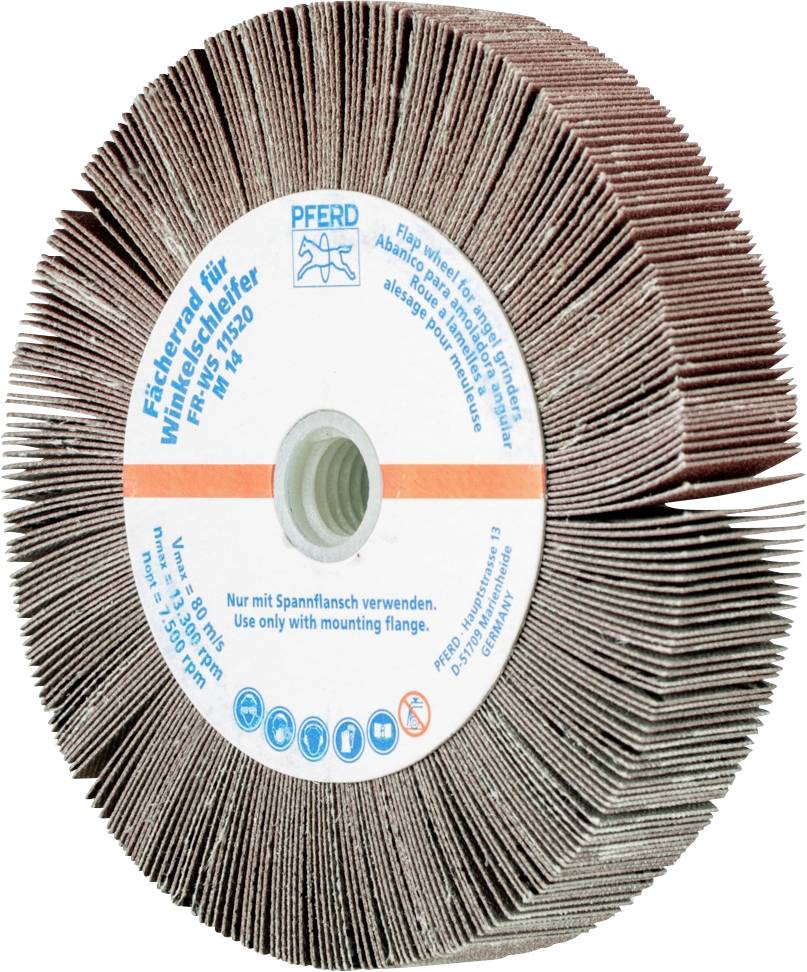 Das Bild zeigt ein Flächen-Schleifrad mit abgenutzten Schleiflamellen und einer zentralen Bohrung. Texthinweise: 'Nur mit Spannflansch verwenden'.
