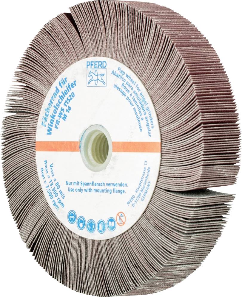 'Flächenschleifscheibe mit Achse', geeignet für Winkelschleifer, mit feinen Schleiflamellen; Markennamen und technische Informationen auf Etikett.