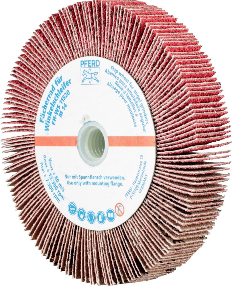 Kombinierte Schleifmop-Scheibe mit rotem Schleifmaterial und weißem Holding-Kern mit blauer Aufschrift.