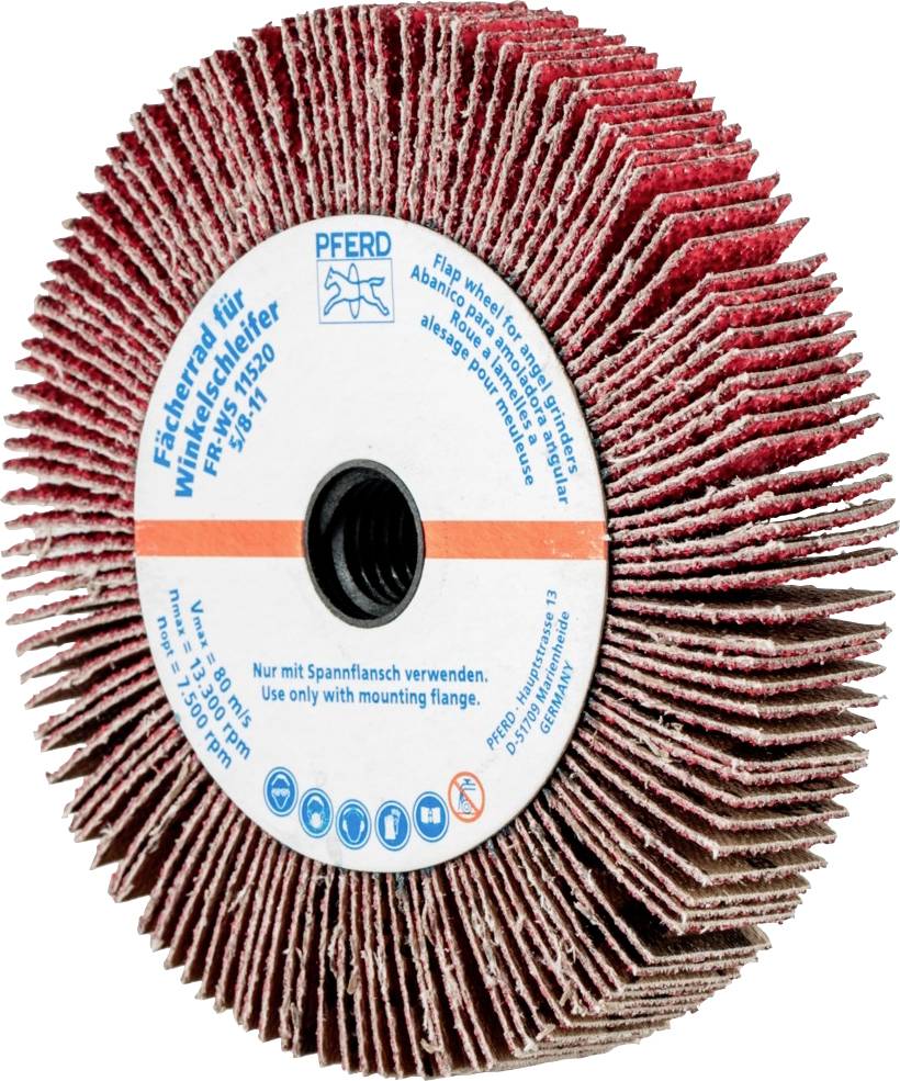 Ein Schleifwerkzeug mit roten Lamellen und Aufkleber. Der Aufkleber zeigt Markenname, Modellnummer und Sicherheitshinweise.