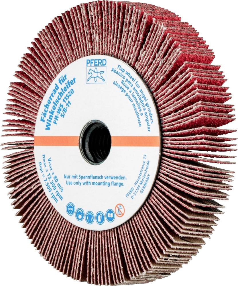 Schleifscheibe mit roten Schleiflamellen. Text auf Scheibe: 'Nur mit Spannflansch verwenden.' Marke: PFERD.