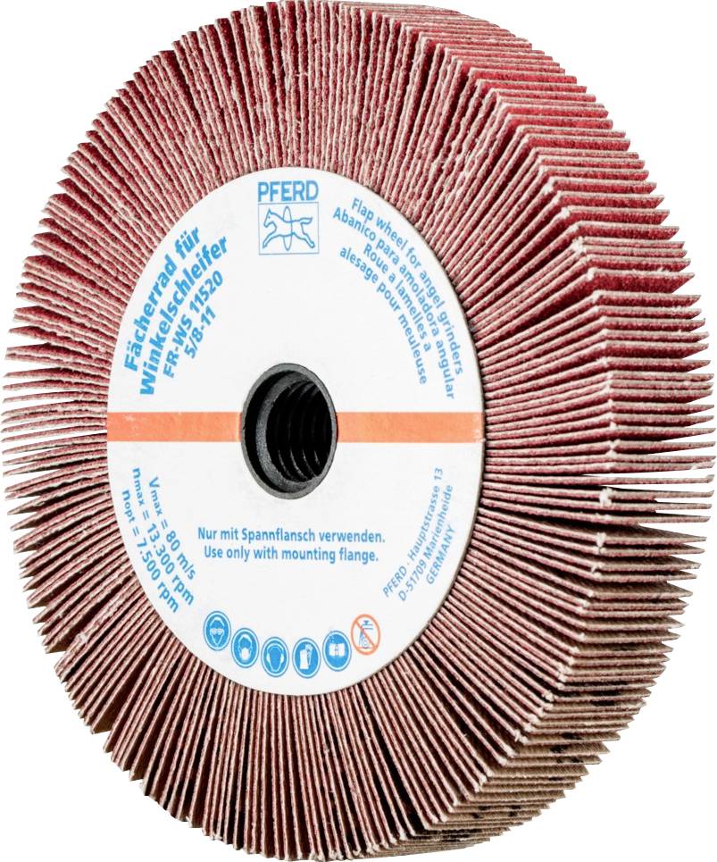 Ein großes, rundes Schleifwerkzeug mit vielen roten Lamellen, in der Mitte eine weiße Scheibe mit blauer und schwarzer Beschriftung.