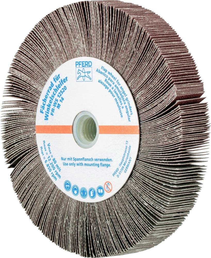 Schleifscheibe mit Aufdruck 'Nicht mit Flanschen verwenden'. Sie besteht aus mehreren gleichmäßig angeordneten, flachen Blättern.