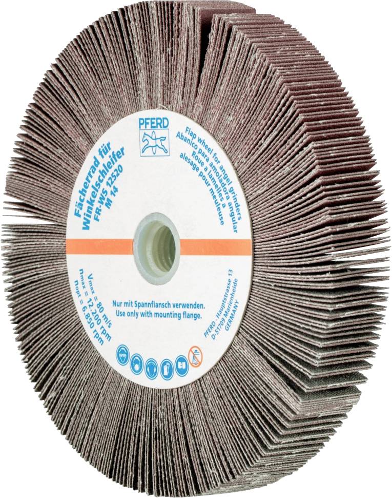 Schleifscheibe mit Etikett 'Flexible Schleifscheibe', für Winkelschleifer. Geeignet für Metallbearbeitung, kreisförmige Lagen.