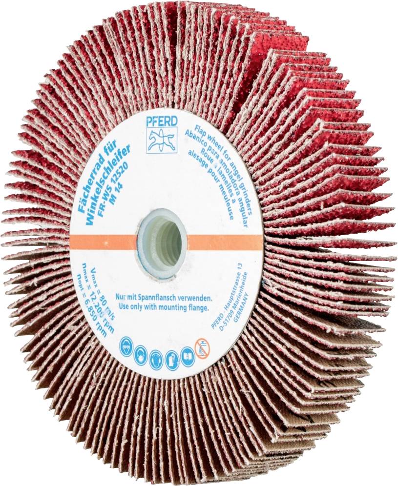 Schleifscheibe mit roten Lamellen, Etikett zeigt Marke und Spezifikationen. Geeignet für Winkelschleifer, nur mit Spannflansch verwenden.