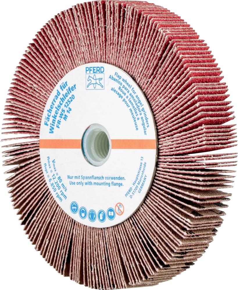 Fächerschleifscheibe mit rotem Schleifmaterial und blauer Aufschrift 'Pferd'. Geeignet zur Verwendung mit Spannflansch.