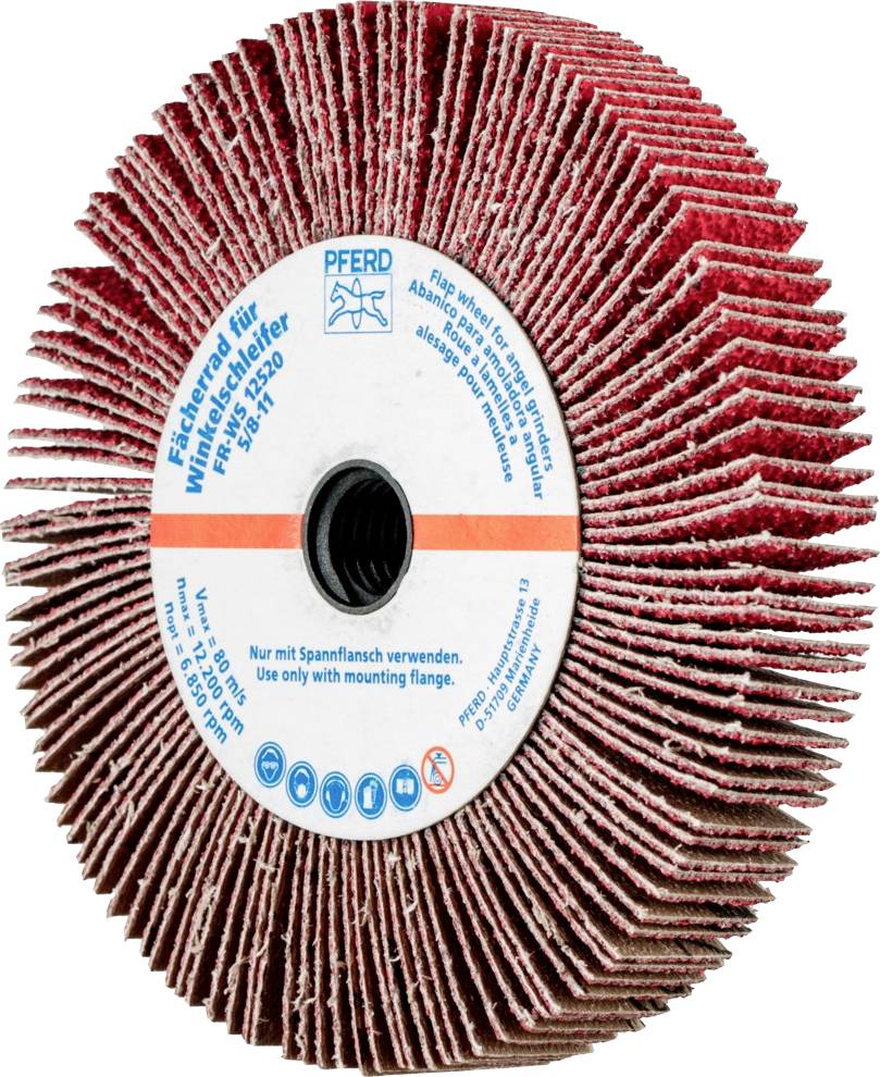'Rotes Fächer-Schleifrad mit Aufschrift: 