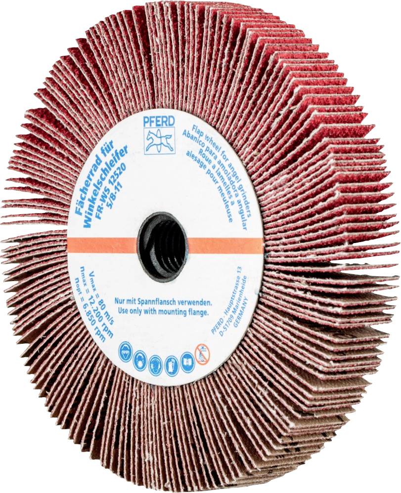 Flapwerkzeug mit roten lamellenförmigen Schleifblättern und zentralem Etikett mit 'Pferd'-Logo; eignet sich zum Entgraten und Polieren.