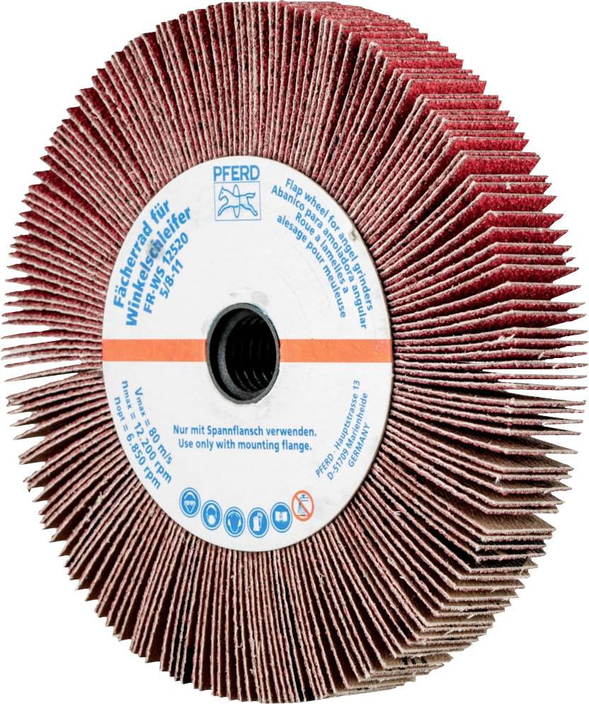 Schleifscheibe mit rotem Schleifgewebe und blau-weißem Etikett. Text auf dem Etikett: 'Flächenrad für Winkelschleifer'.