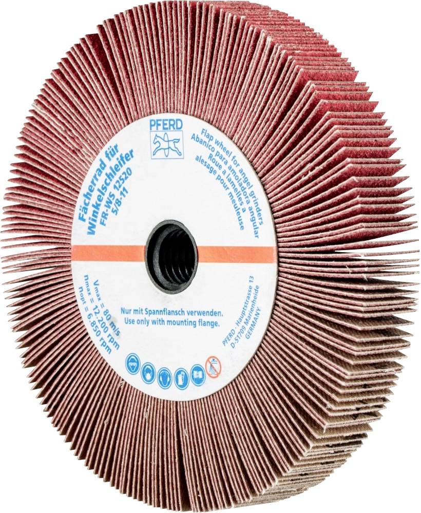 Rotations-Schleifscheibe mit Lamellen, zentraler Befestigungslochung, geeignet für Winkelschleifer. Anschriften: 'PFERD', 'Flexscheibe'.