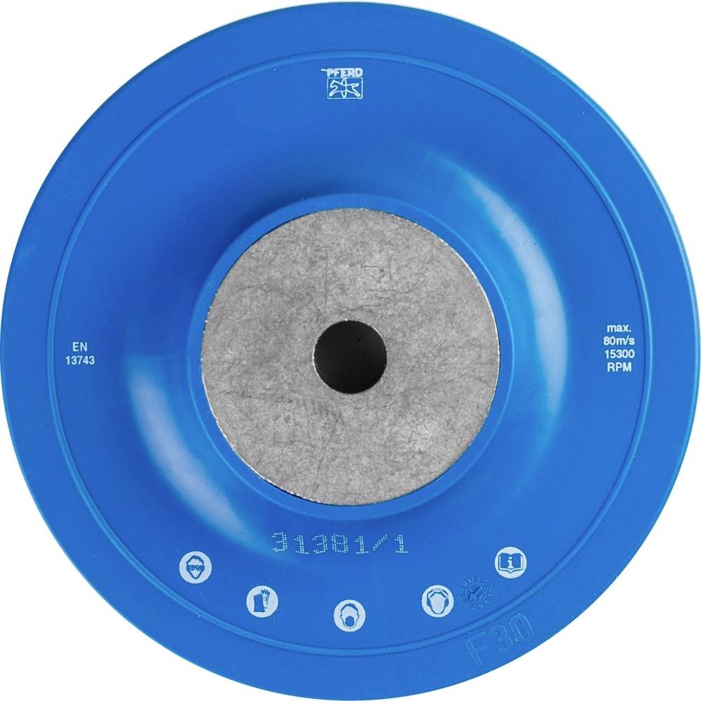 Blauer Schleifteller aus Kunststoff mit Metallkern, Aufschrift: 'max 80m/s, 15300 RPM'.