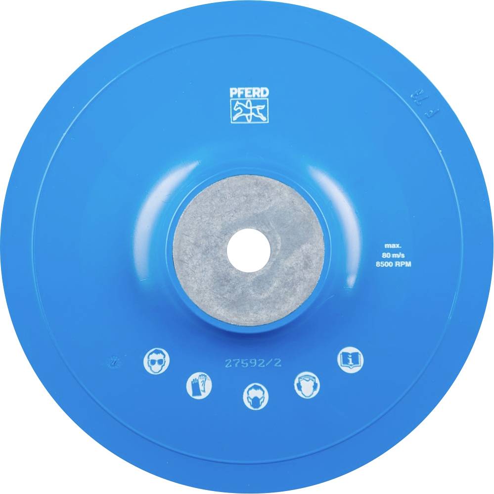 Blaues Schleifwerkzeug mit Herstellerlogo und Sicherheitsinformationen: max. 80 m/s, 8500 RPM, Schutzbrille und Handschuhe empfohlen.