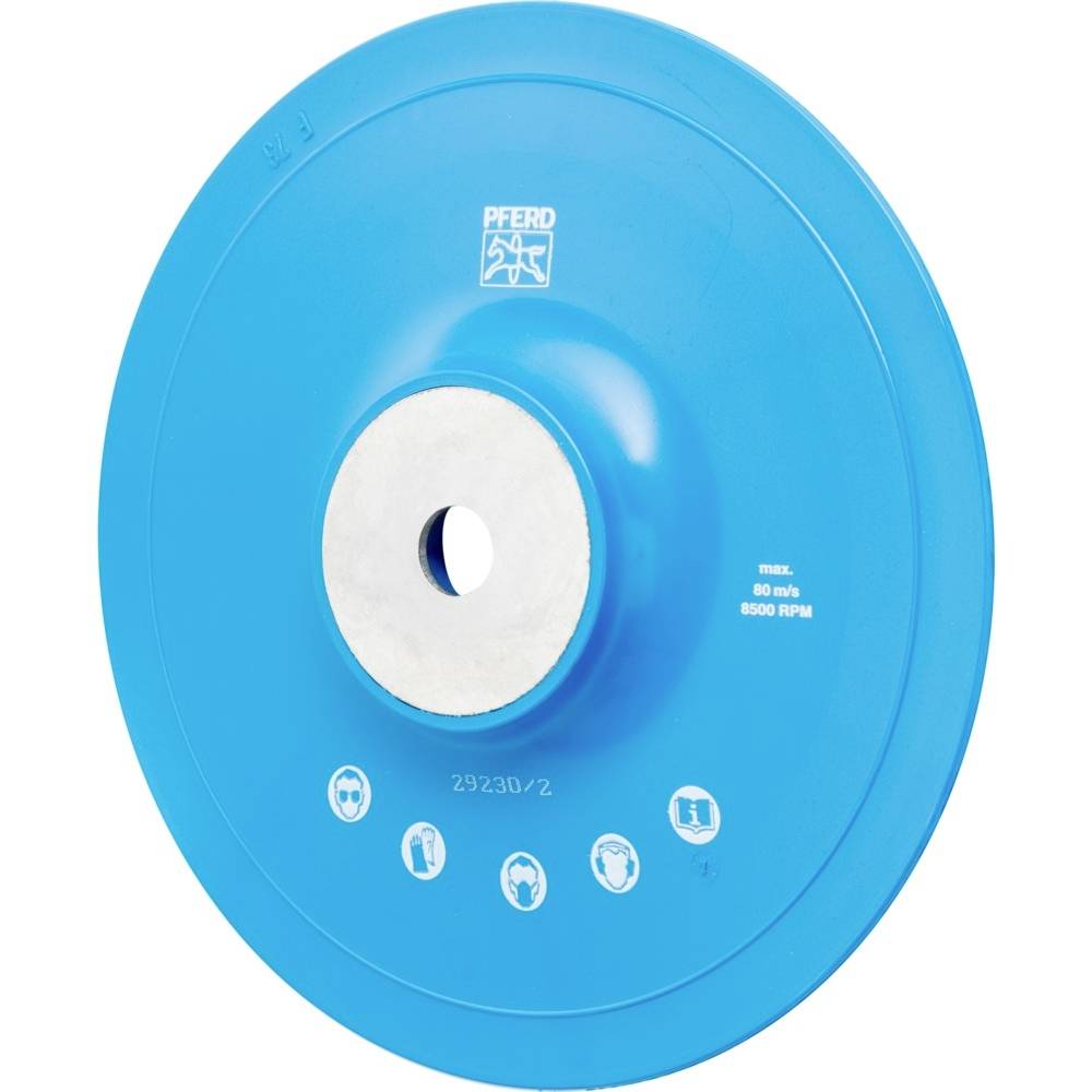 Eine blaue Schleifscheibe mit zentralem Loch, zeigt Sicherheits- und Verwendungssymbole. Aufdruck: 'PFERD', Max. 8500 RPM, Typennummer.