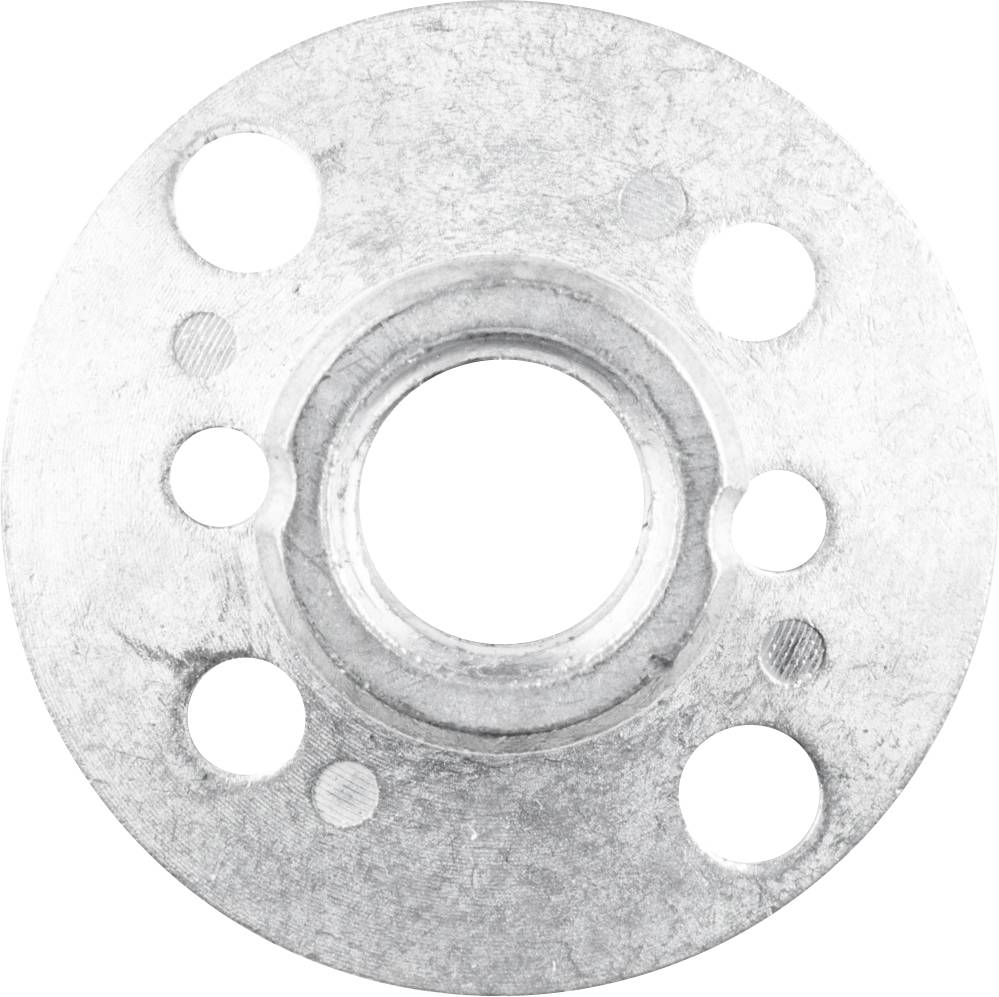 Metallscheibe mit zentralem Loch und mehreren kleineren Löchern herum, zeigt eine standardisierte Befestigung, oft bei Maschinen verwendet.