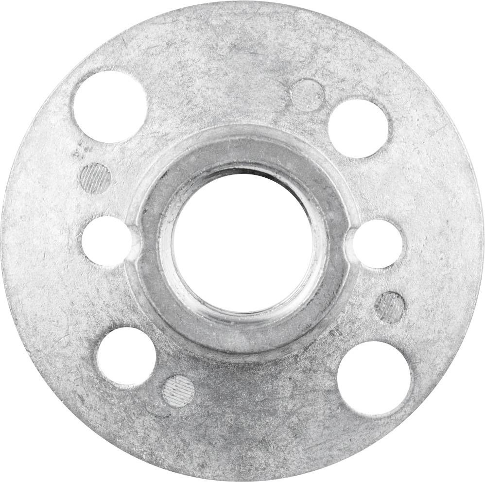 Metallscheibe mit sechs Löchern symmetrisch um einen zentralen Kreisausschnitt angeordnet.