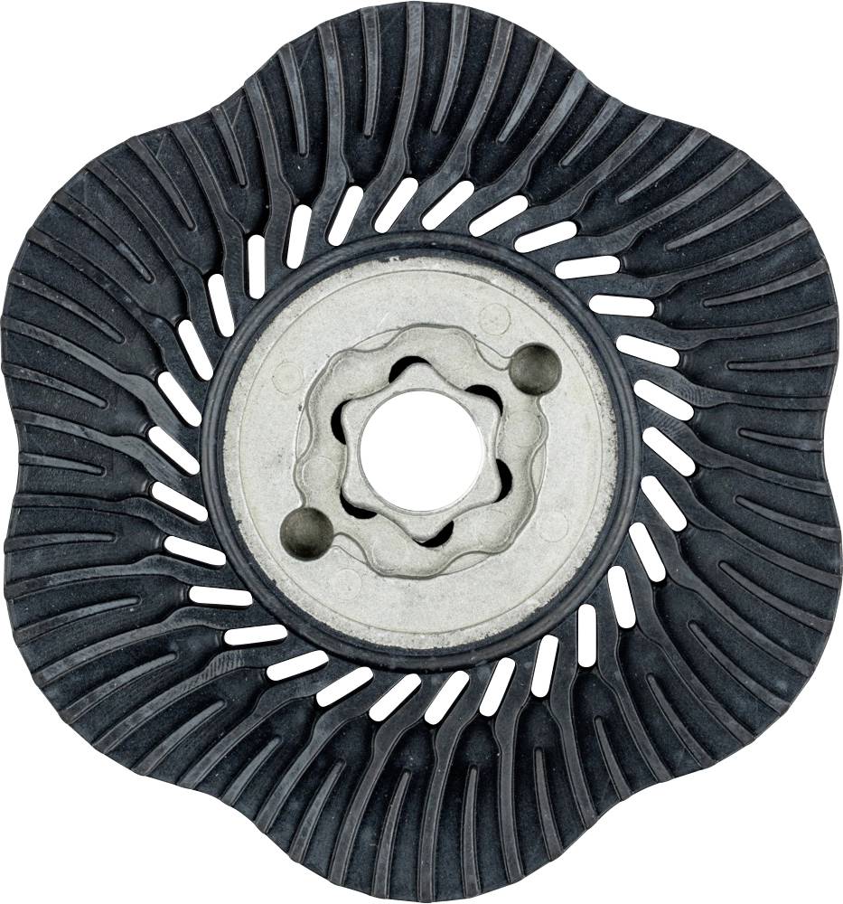 Metallscheibe mit geschwungenen, blattähnlichen Kanten und gekerbter Textur. In der Mitte befindet sich ein verzierter, runder Mechanismus.