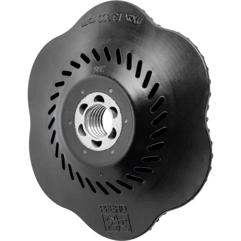 Eine schwarze Schleifmaschine mit gewelltem Rand und zentraler Metallöffnung. Markierungen zeigen 'MAX 13,300 RPM' und 'FEED'.