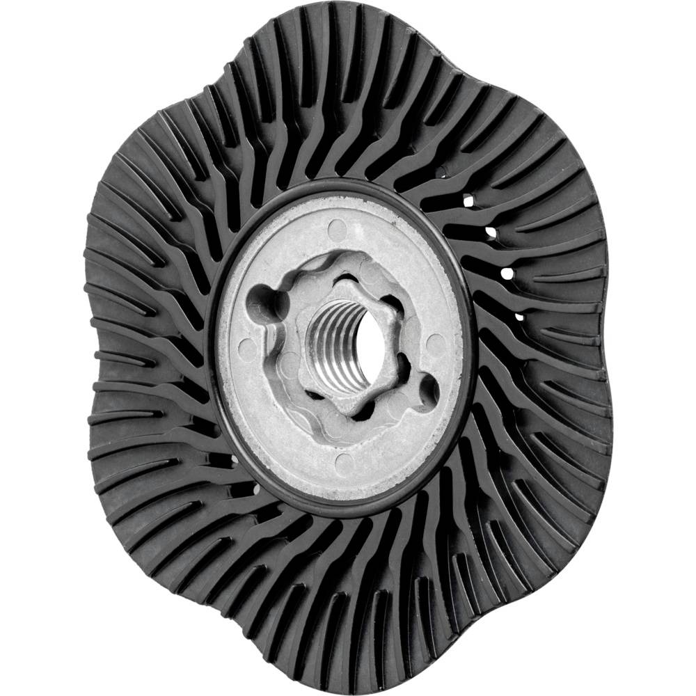 Ein schwarzes, zahnradartiges Metallteil mit wellenförmigem Rand und zentralem Gewinde, wahrscheinlich ein Maschinenelement.