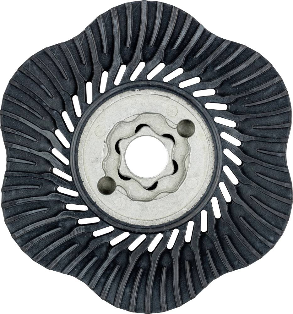 Ein Metallaufsatz in Form einer schwarzen Scheibe mit welligem Rand und zentrischer Halterung, vermutlich für Schleifarbeiten.