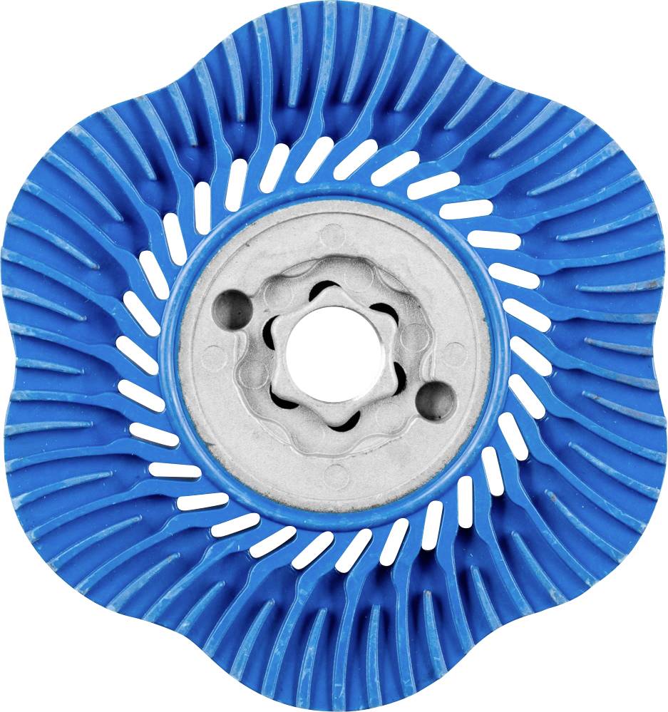 Ein blaues, blumeförmiges Schleifscheiben-Aufsatz mit silberner Mitte. Verwendet zum Schleifen von Oberflächen.