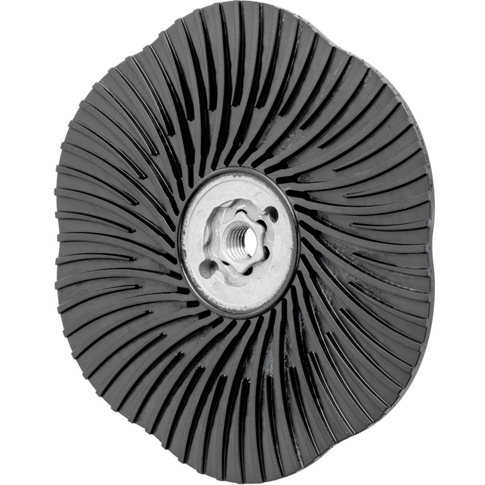 Schwarze Schleifscheibe mit Rillen und zentraler Metallbefestigung, hauptsächlich für Schleifarbeiten an Metallen und anderen Materialien verwendet.