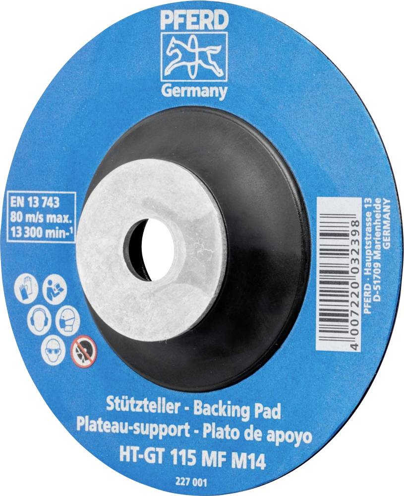 'Stützteller - Backing Pad' Produktetikett, blau, mit technischen Daten: max. 80 m/s, 13.300 U/min, und Warnsymbolen.