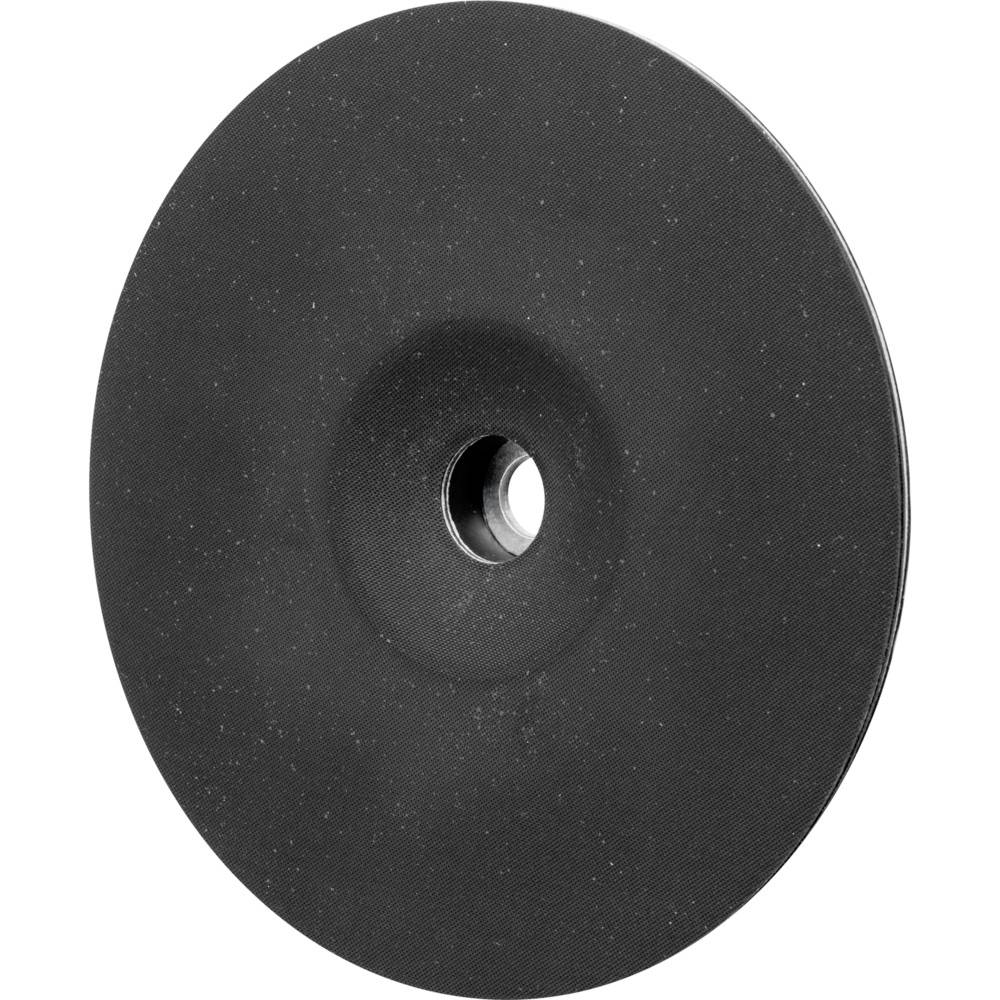 Eine schwarze Scheibe mit zentralem Loch, ähnlich einer CD oder einem Schleifscheibenkörper, vor einem weißen Hintergrund.