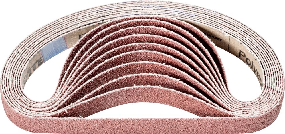 Eine Gruppe von Schleifbändern ist in einer gebogenen, wellenförmigen Anordnung dargestellt.